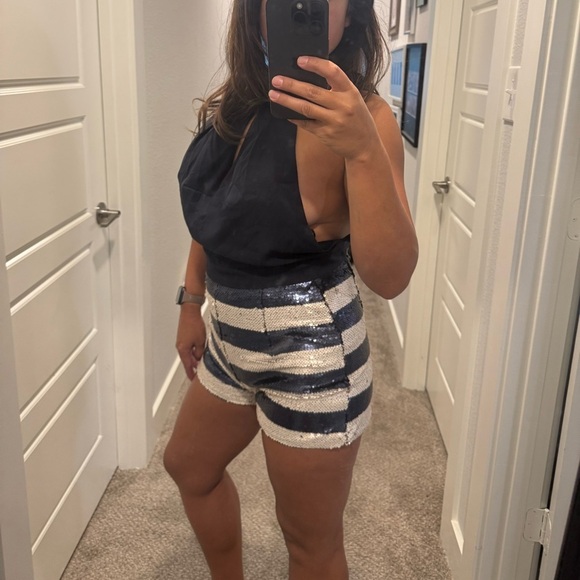 Navy Halter Top with Sequin Striped Shorts Romper by Miss Avenue - Size M - Picture 7 of 10